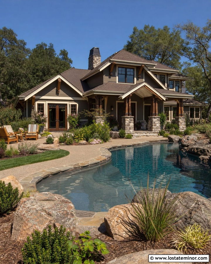 Taupe Craftsman House With Freeform Pool - 30 Taupe House Design With Swimming Pool Ideas