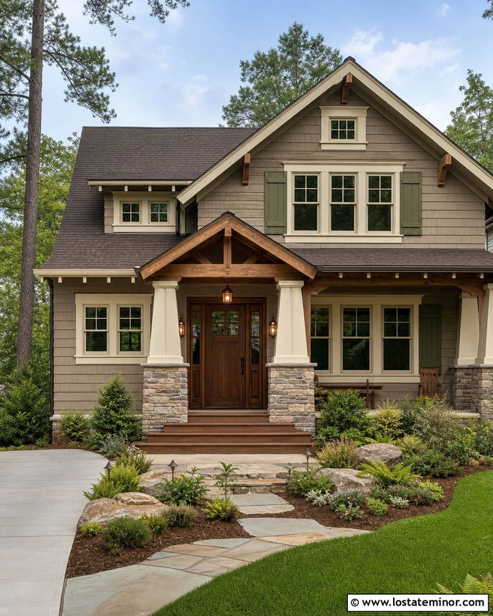 Taupe Craftsman House With Green Shutters - 30 Taupe House Design With Shutters Ideas