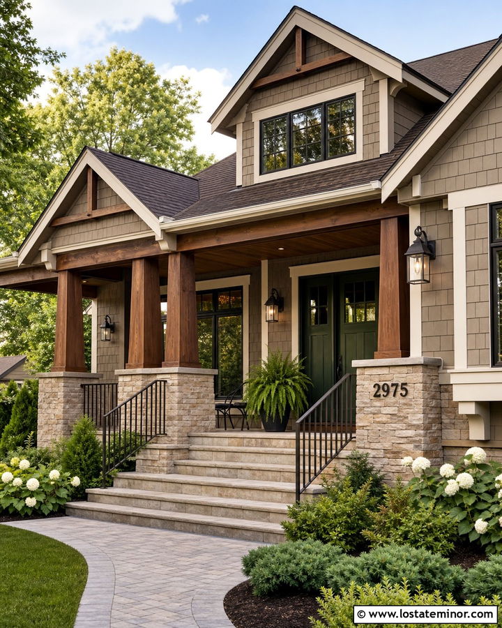 Taupe Craftsman House With Numbers On Stone Pier - 30 Taupe House Design With House Numbers Ideas