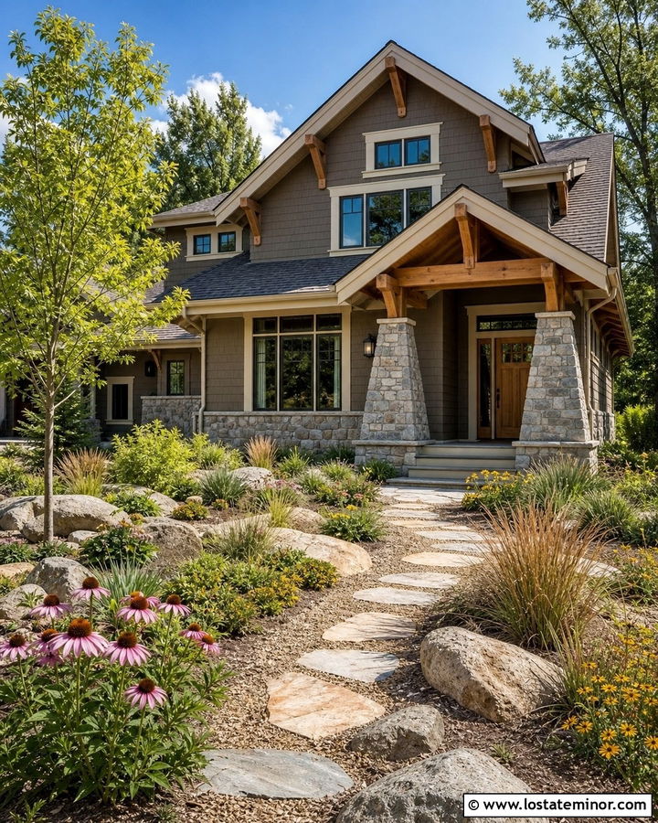 Taupe Craftsman House With Stone And Native Plants - 30 Taupe House Design With Landscaping Ideas