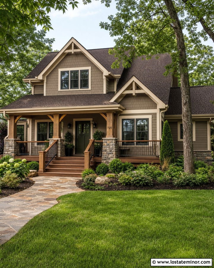 Taupe Craftsman House With Stone Deck Columns - 30 Taupe House Design With Deck Ideas
