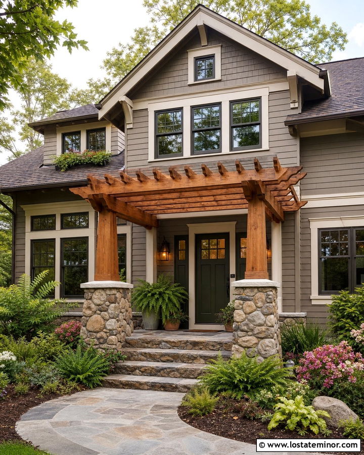Taupe Craftsman House With Stone Pergola Columns - 30 Taupe House Design With Pergola Ideas