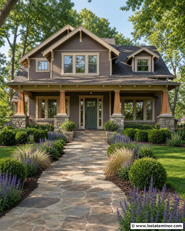 Taupe Craftsman House With Stone Walkway - 30 Taupe House Design With Front Yard Ideas