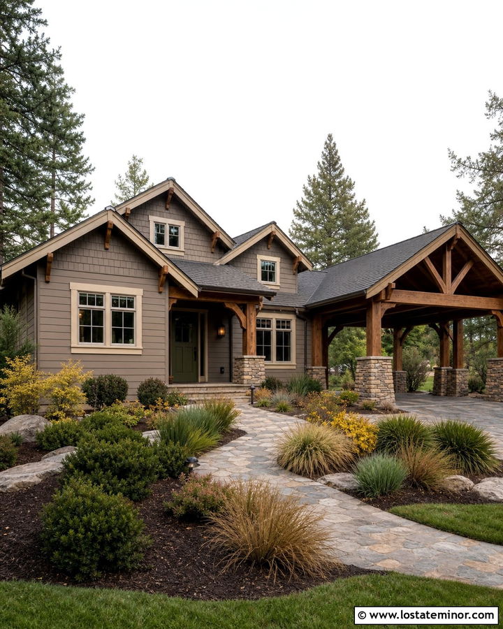 Taupe Craftsman House With Timber Carport - 30 Taupe House Design With Carport Ideas