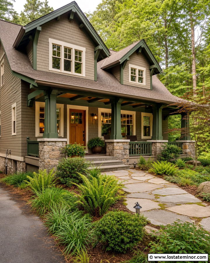 Taupe Craftsman With Green Dormer Trim - 30 Taupe House Design With Dormers Ideas