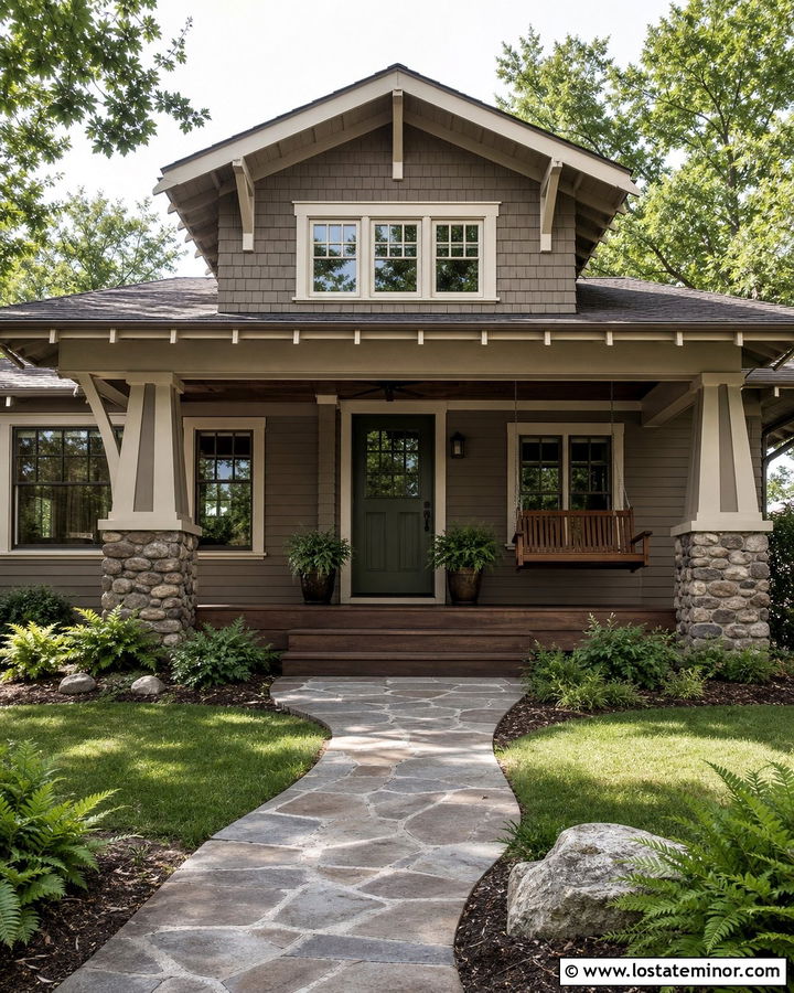 Taupe Craftsman With Mission Porch Swing - 30 Taupe House Design With Swing Ideas
