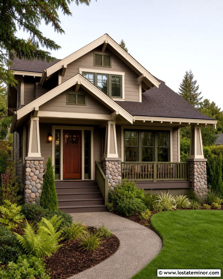 Taupe Craftsman With Olive Window Frames - 30 Taupe House Design With Window Frames Ideas