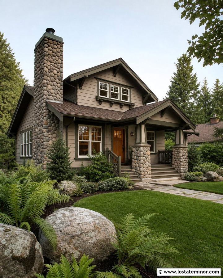 Taupe Craftsman With River Rock Chimney - 30 Taupe House Design With Chimney Ideas
