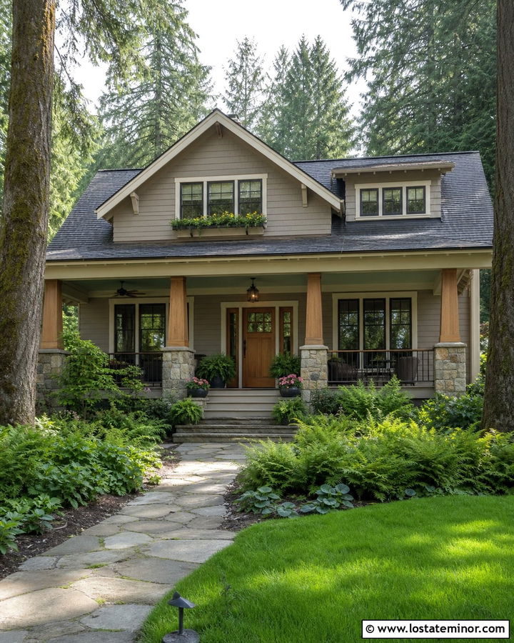 Taupe Craftsman With Sage Green Porch Ceiling - 30 Taupe House Design With Porch Ceiling Ideas
