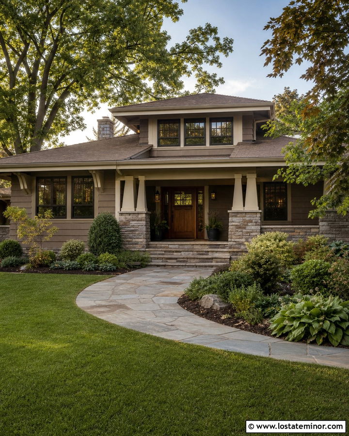 Taupe Craftsman With Stone Steps - 30 Taupe House Design With Steps Ideas