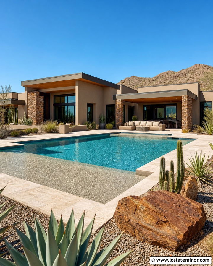 Taupe Desert House With Baja Shelf Pool - 30 Taupe House Design With Swimming Pool Ideas