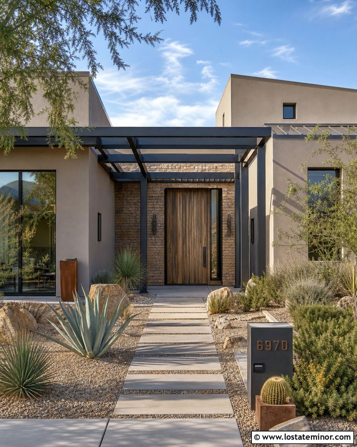 Taupe Desert House With Steel Pergola - 30 Taupe House Design With Pergola Ideas