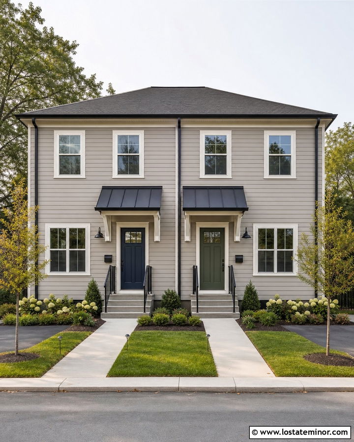 Taupe Duplex With Matching Entry Awnings - 30 Taupe House Design With Awning Ideas