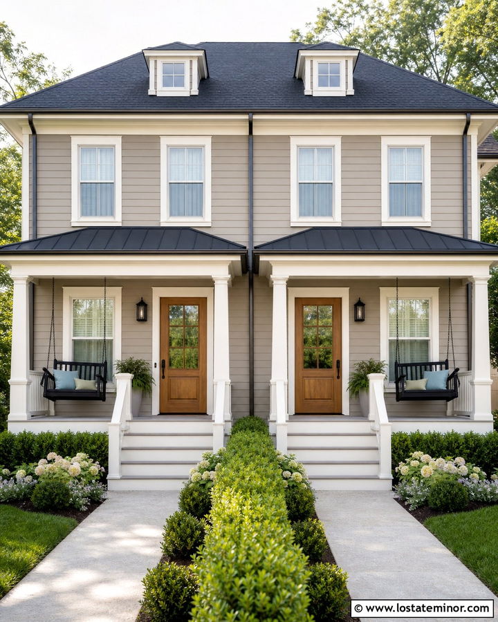 Taupe Duplex With Matching Porch Swings - 30 Taupe House Design With Swing Ideas