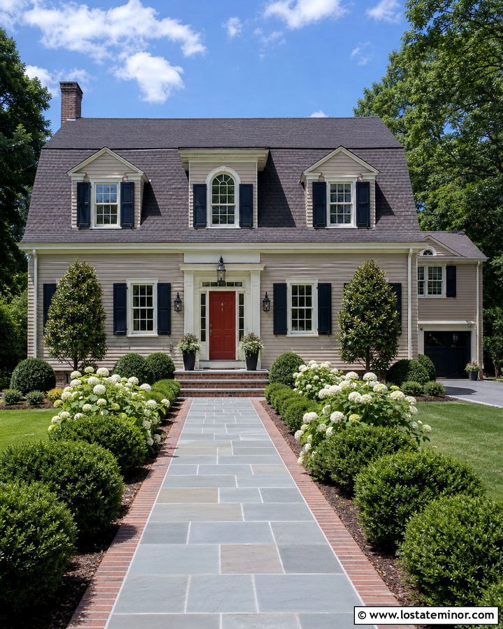 Taupe Dutch Colonial House With Brick And Bluestone Walkway - 30 Taupe House Design With Walkway Ideas