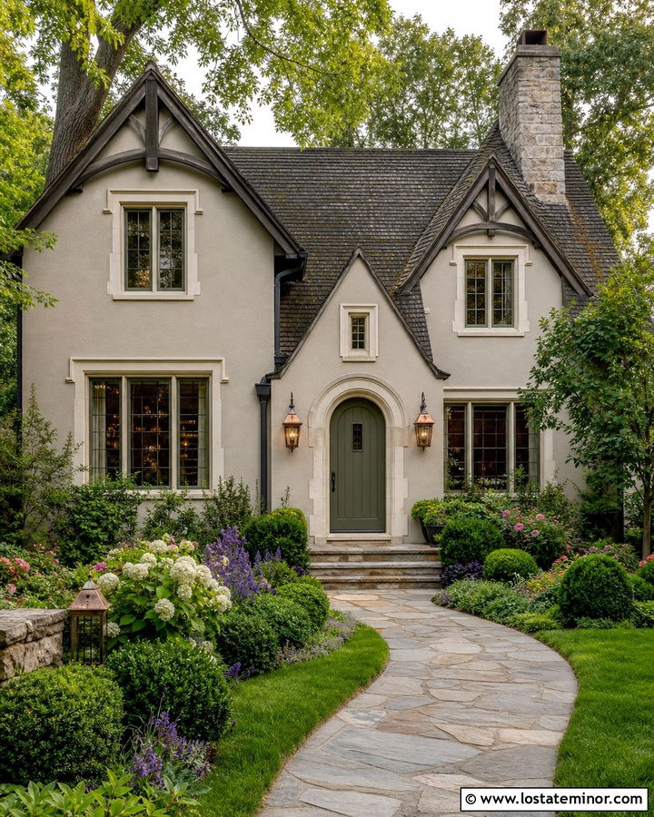 Taupe English Cottage With Copper Lanterns - 30 Taupe House Design With Lighting Ideas