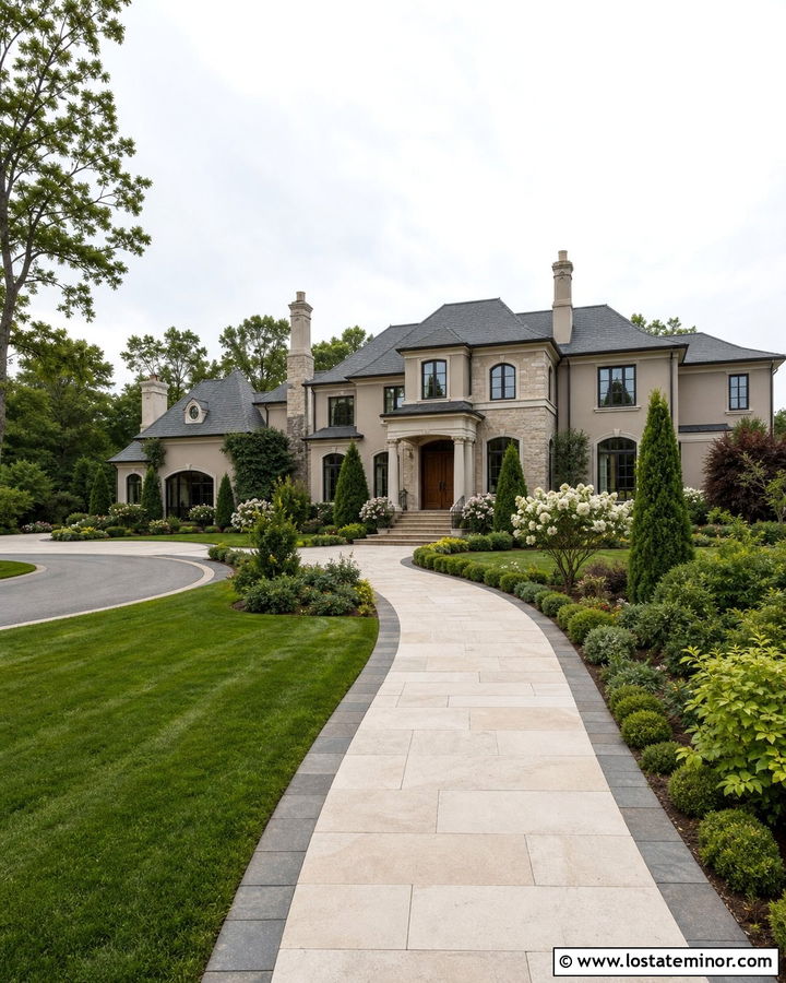 Taupe Estate House With Sweeping Limestone Walkway - 30 Taupe House Design With Walkway Ideas