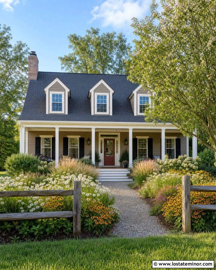 Taupe Farmhouse House With Split Rail Fence - 30 Taupe House Design With Front Yard Ideas