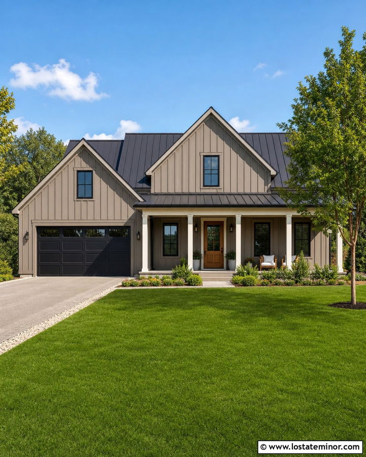 Taupe Farmhouse With Black Garage Door - 30 Taupe House Design With Garage Door Ideas