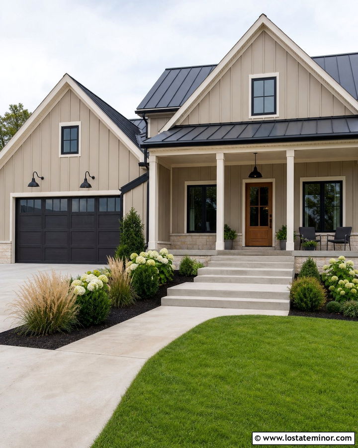 Taupe Farmhouse With Black Gooseneck Lights - 30 Taupe House Design With Light Fixtures Ideas
