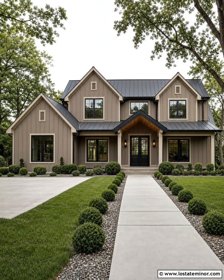 Taupe Farmhouse With Black Metal Portico - 30 Taupe House Design With Portico Ideas