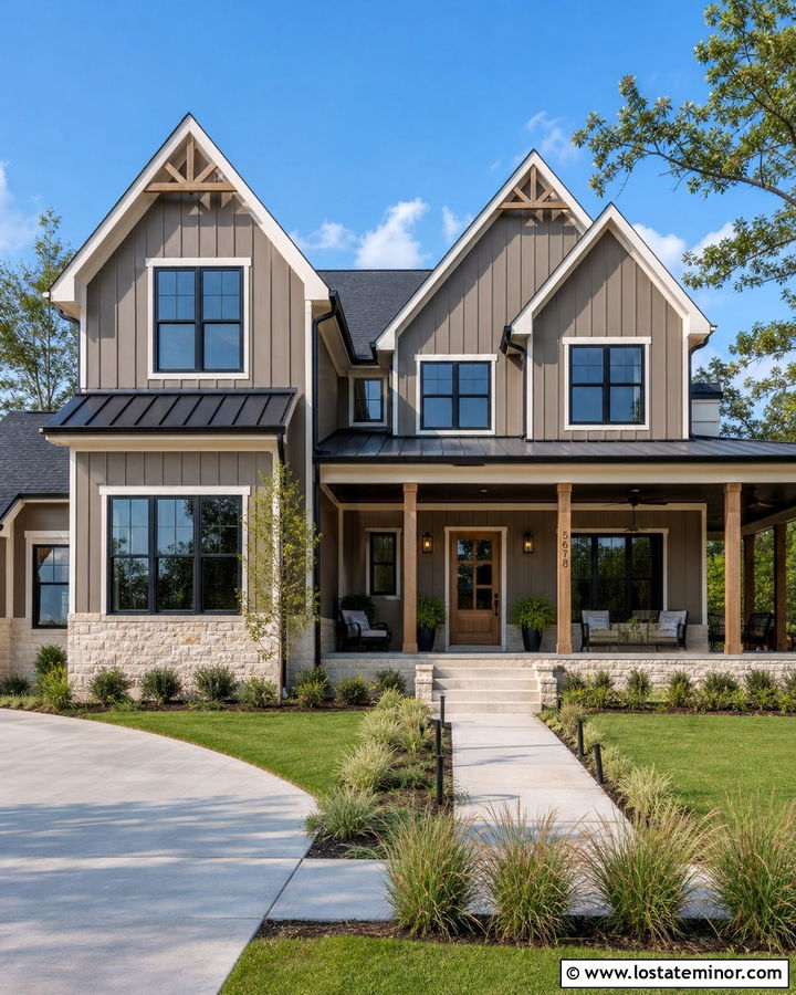 Taupe Farmhouse With Black Porch Ceiling - 30 Taupe House Design With Porch Ceiling Ideas