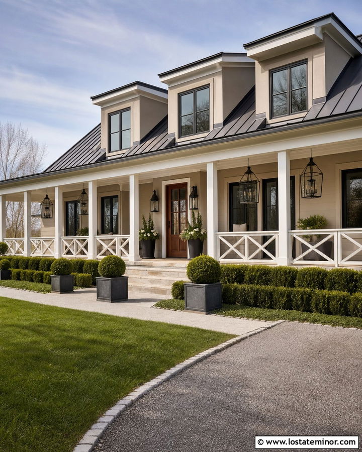 Taupe Farmhouse With Black Porch Pendants - 30 Taupe House Design With Light Fixtures Ideas