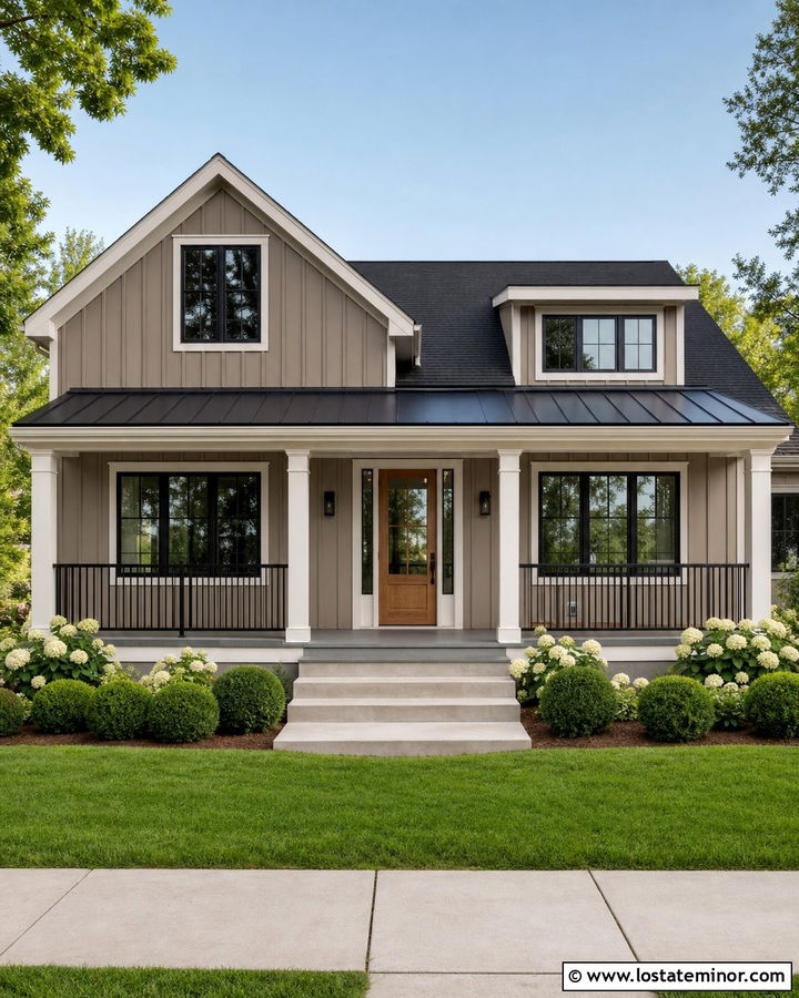 Taupe Farmhouse With Black Porch Railings - 30 Taupe House Design With Railings Ideas