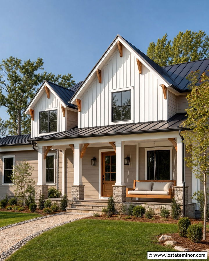 Taupe Farmhouse With Cedar Porch Swing - 30 Taupe House Design With Swing Ideas