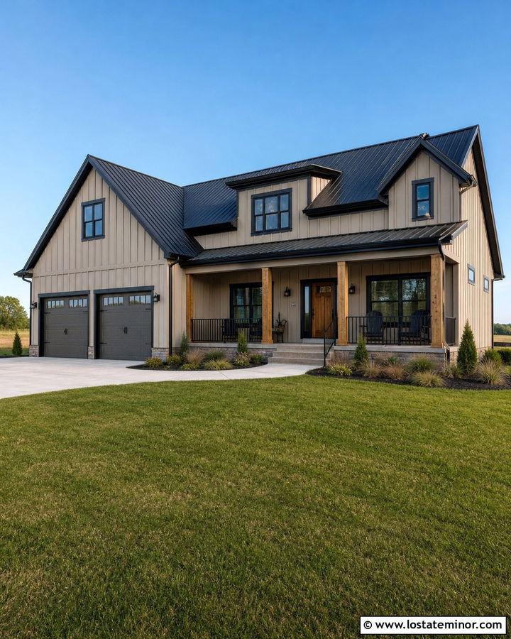 Taupe Farmhouse With Dark Trim - 30 Taupe House Design With Trim Ideas