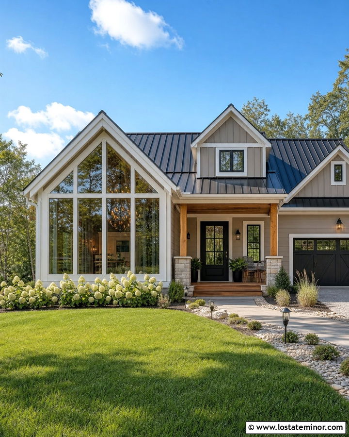Taupe Farmhouse With Gabled Sunroom - 30 Taupe House Design With Sunroom Ideas