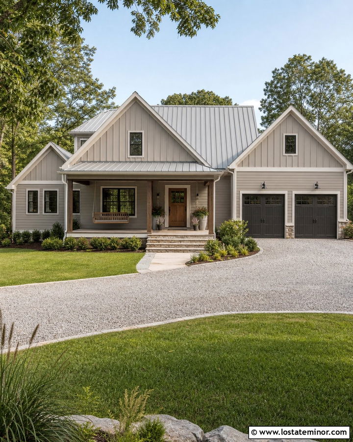 Taupe Farmhouse With Galvanized Metal Roof - 30 Taupe House Design With Roof Ideas