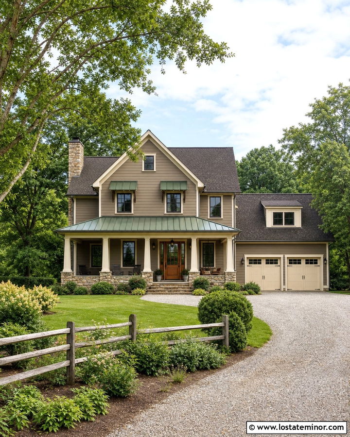Taupe Farmhouse With Green Metal Awnings - 30 Taupe House Design With Awning Ideas
