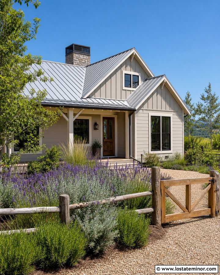 Taupe Farmhouse With Lavender And Gravel Landscaping - 30 Taupe House Design With Landscaping Ideas