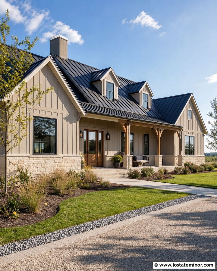 Taupe Farmhouse With Metal Roof Dormers - 30 Taupe House Design With Dormers Ideas