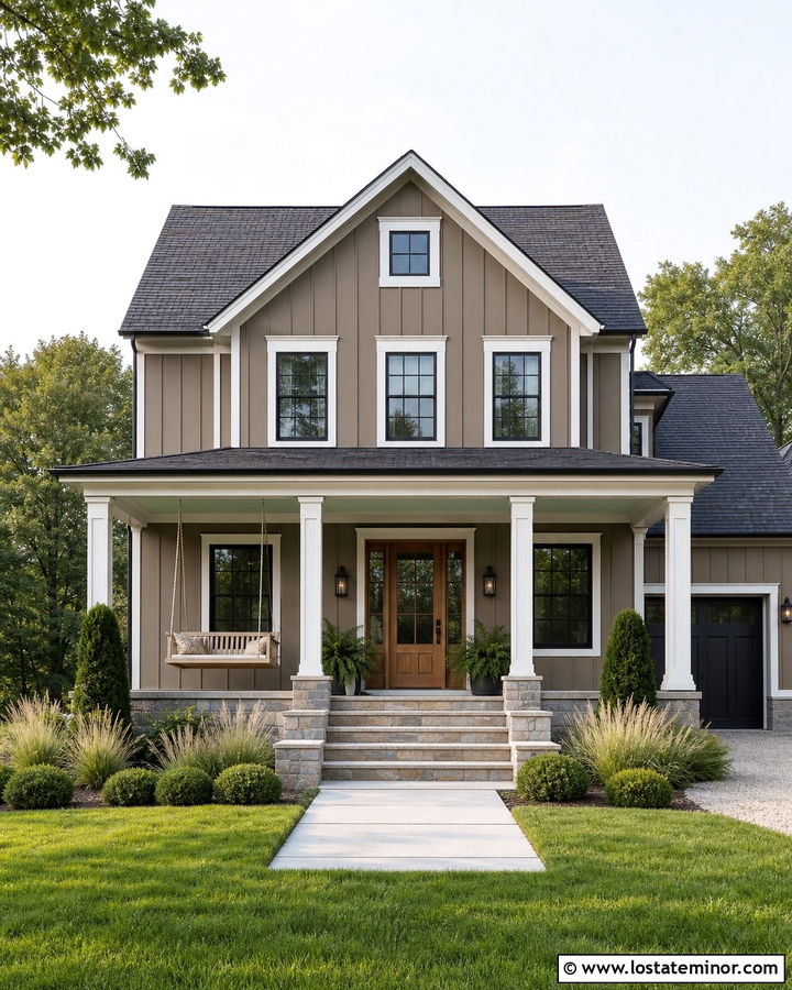 Taupe Farmhouse With Pale Green Porch Ceiling - 30 Taupe House Design With Porch Ceiling Ideas