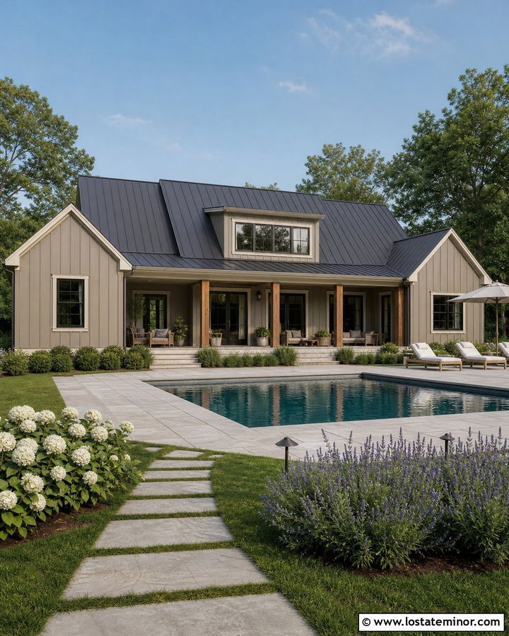 Taupe Farmhouse With Pool And Covered Porch - 30 Taupe House Design With Swimming Pool Ideas