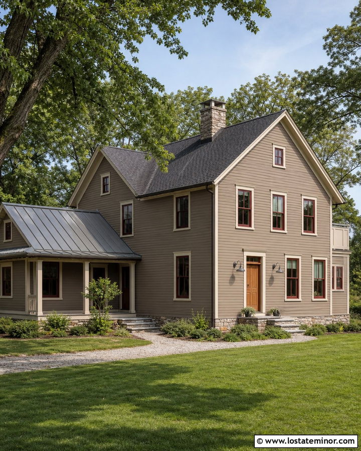 Taupe Farmhouse With Red Window Frames - 30 Taupe House Design With Window Frames Ideas