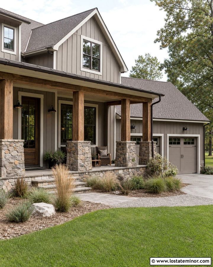 Taupe Farmhouse With Rustic Stone Porch - 30 Taupe House Design With Stone Accents Ideas