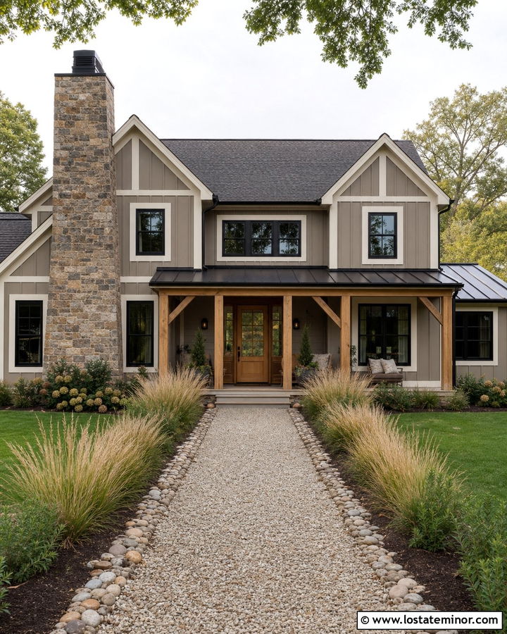 Taupe Farmhouse With Stone Chimney - 30 Taupe House Design With Chimney Ideas