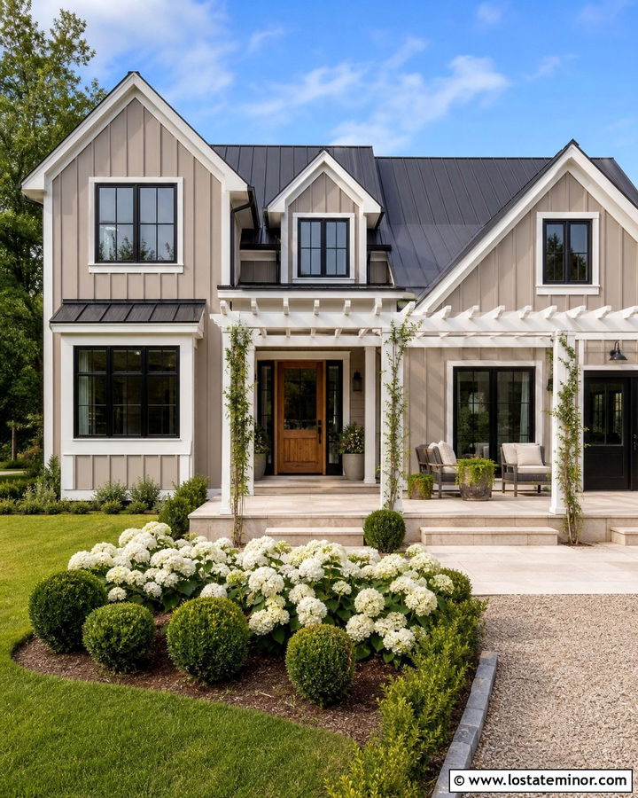 Taupe Farmhouse With White Pergola - 30 Taupe House Design With Pergola Ideas