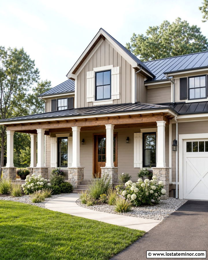 Taupe Farmhouse With White Shutters - 30 Taupe House Design With Shutters Ideas
