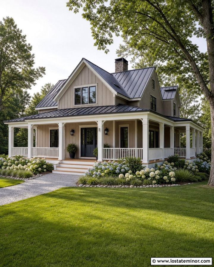 Taupe Farmhouse With Wraparound Porch - 30 Taupe House Design With Front Porch Ideas