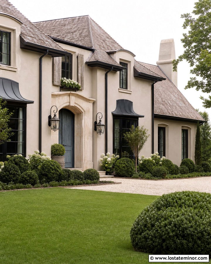 Taupe French Country House With Black Awnings - 30 Taupe House Design With Awning Ideas
