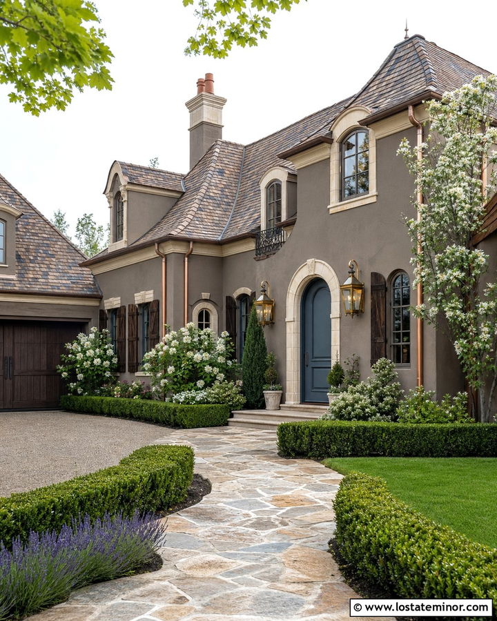 Taupe French Country House With Brass Lanterns - 30 Taupe House Design With Light Fixtures Ideas