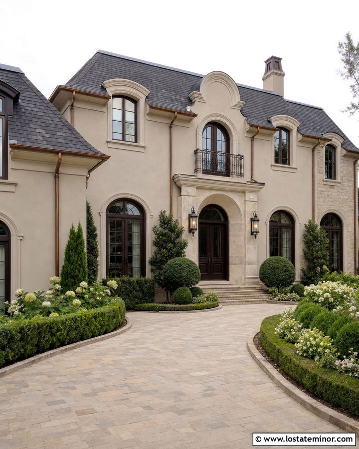 Taupe French Country House With Espresso Window Frames - 30 Taupe House Design With Window Frames Ideas