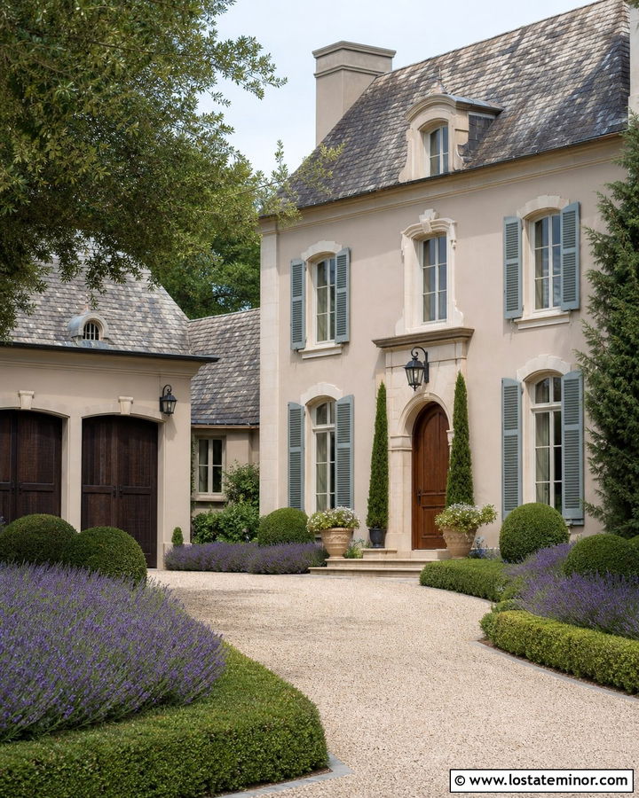 Taupe French Country House With Iron Lanterns - 30 Taupe House Design With Lighting Ideas