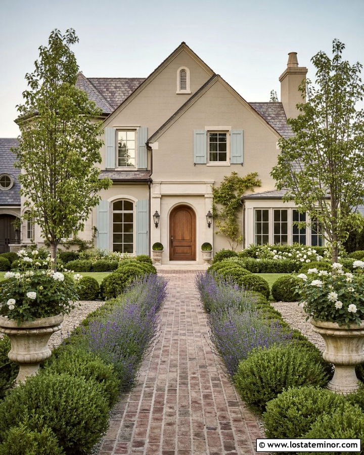 Taupe French Country House With Lavender Border - 30 Taupe House Design With Front Yard Ideas