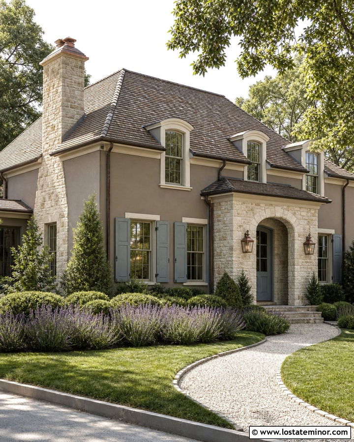 Taupe French Country House With Limestone Chimney - 30 Taupe House Design With Chimney Ideas