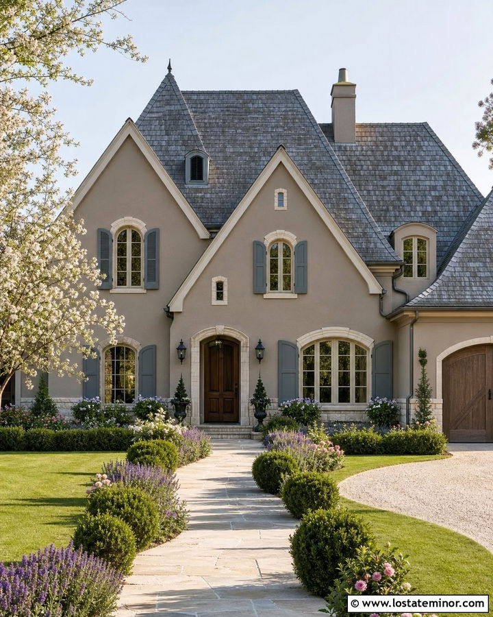 Taupe French Country House With Limestone Path - 30 Taupe House Design With Walkway Ideas
